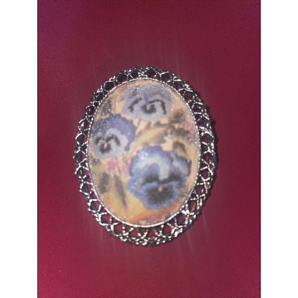 Vintage Blue Pansy Flower Faux Pearl Sugar Brooch Pendant - Picture 2 of 4
